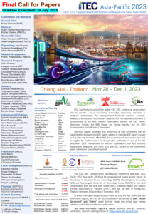 Inviting to join 2023 IEEE Transportation Electrification Conference and Expo, Asia-Pacific (ITEC-AP 2023) in Chiang Mai, Thailand, from November 28th to December 1st 2023.