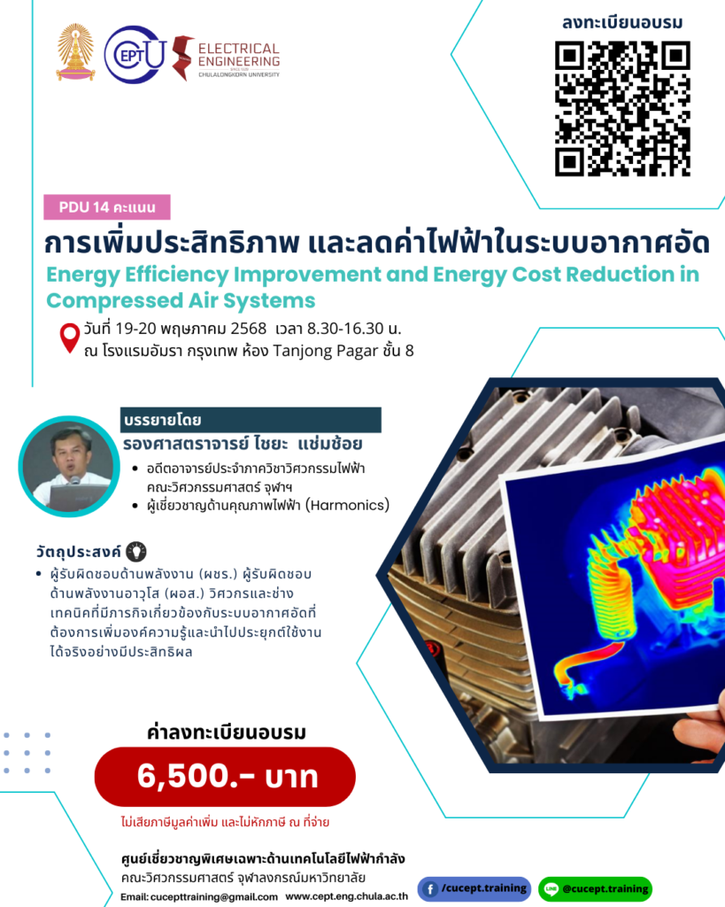 ลงทะเบียนอบรม "การเพิ่มประสิทธิภาพ และลดค่าไฟฟ้าในระบบอัดอากาศ" ระหว่างวันที่ 19-20 พฤษภาคม 2568
